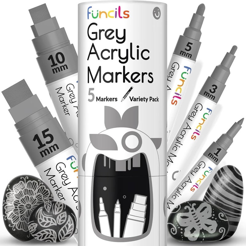 Funcils 5 Grey Acrylic Paint Pen - Fine Tip, Thin Point & Jumbo Pens (1mm, 3mm, 6mm, 10mm, 15mm) - Gray Paint Marker for Fabric, Canvas, Wood, Rock Painting, Tire, Metal, Glass - Water-based ink - Image 1
